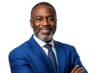 Confident businessman in blue suit isolated on transparent background