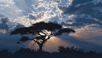 African savanna sunset with silhouetted tree, dramatic sky, sunbeams