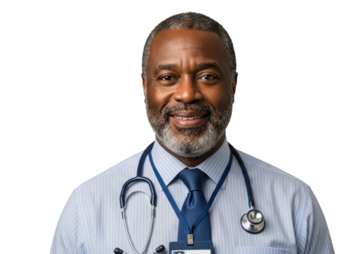 Smiling african american doctor with stethoscope isolated on transparent background