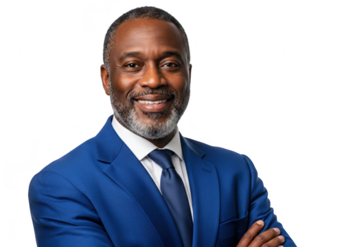 Confident businessman in blue suit isolated on transparent background