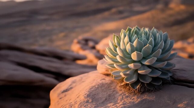 A Lone Succulent Plant on a Rocky Ledge Bathed in the Warm Glow of a Desert Sunset.