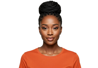 Beautiful young woman with braided hair bun, isolated on transparent background