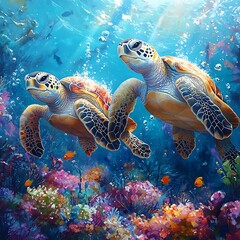 Fototapeta premium Two majestic sea turtles gracefully swimming through vibrant coral reefs in a photo