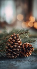 Close-up of pinecones with evergreen branches and soft, warm bokeh background