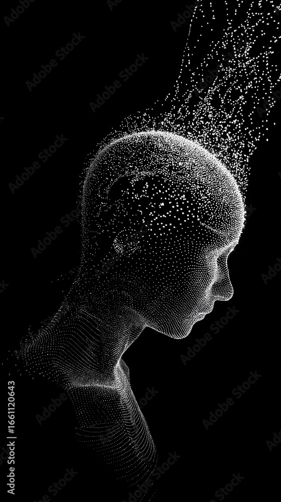 Aufkleber abstract head dissolving into particles on a black background design art