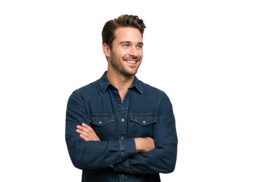 Smiling man in denim shirt with crossed arms, isolated on transparent background