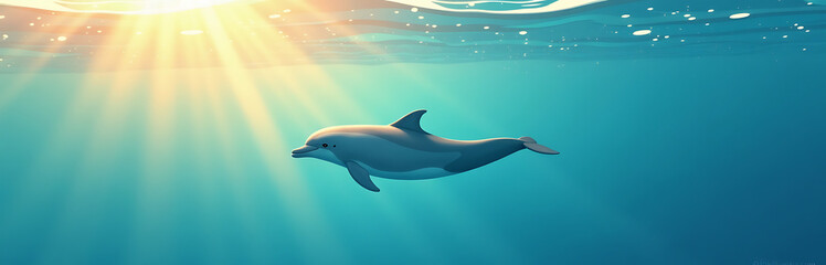 tranquil dolphin glides effortlessly ocean illuminated warm sunlight dances across waves soft golden