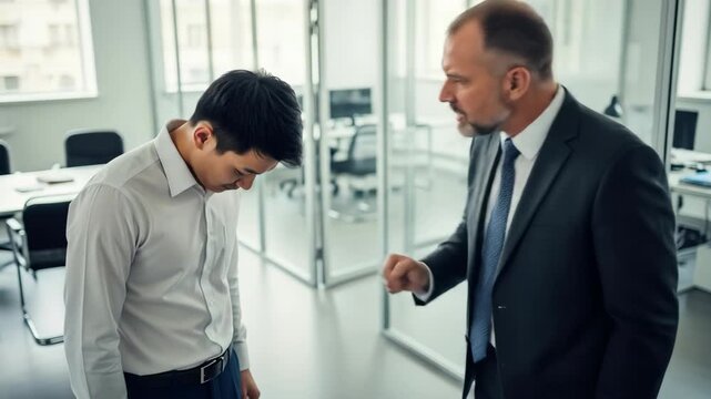 Caucasian businessman boss scolding asian subordinate employee in office, showing anger and frustration, conflict management footage.