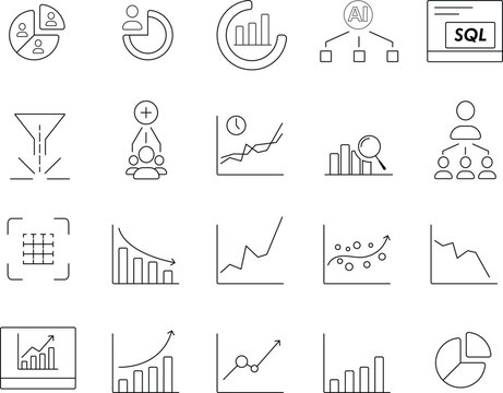 Data Analytics Vector Icon Set, Pixel Perfect. For Mobile and Web. Contains such icons like kpi,metrics, histogram, scatterplot, area chart, analyzing, research, growth, synergy, dashboard etc