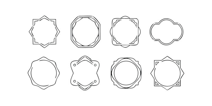 Eight minimalist geometric line art badge shapes provide clean and modern framing options for text on white.