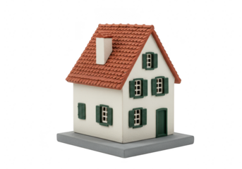 Small house with red roof and green shutters isolated on transparent background