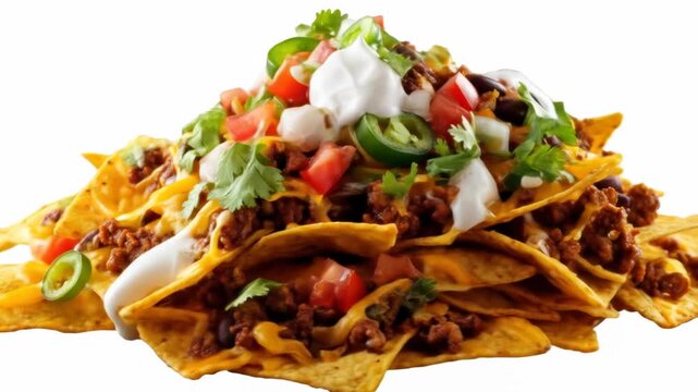 A large pile of nachos topped with ground meat, cheese, sour cream, tomatoes, cilantro, jalape?os, onions, and black beans sits against a white backdrop