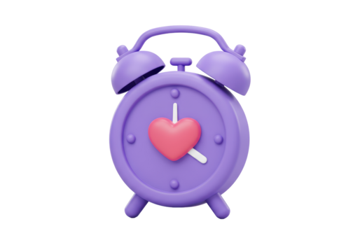 Isolated Purple Alarm Clock with a Heart Symbolizing Love Time