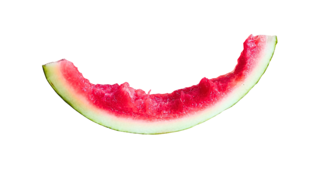 A nearly eaten watermelon slice with only the rind left, isolated on a transparent background, perfect for summer-themed designs and fresh fruit visuals.
