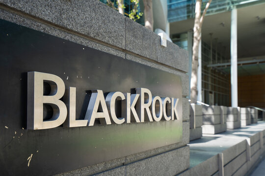 San Francisco, CA, USA - May 1, 2022: BlackRock sign is seen at the company's San Francisco office. BlackRock is an American multinational investment company and the world's largest asset manager.