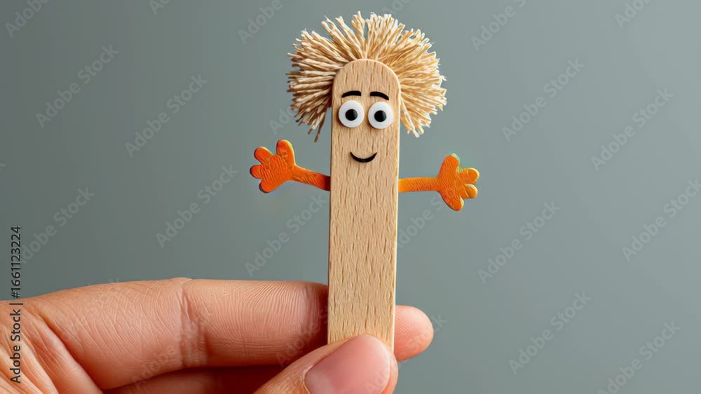 Poster playful character made from a wooden stick with vibrant features, is joyfully waving its arms in a f