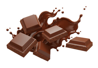 Isolated Milk Chocolate Bar Pieces with a Dynamic Liquid Splash
