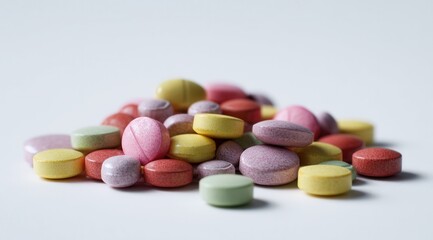 A pile of colorful round pills in various hues (yellow, pink, red, green, purple) on a plain white background, showing different medications.