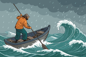 Fototapeta premium -stormy-sea-with-fisherman-struggling-to-control-b.eps