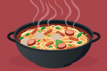 A steaming, bubbling bowl of authentic Korean army stew, brimming with plump sausages, springy ramen, and vibrant vegetables, a hearty and delicious comfort food.