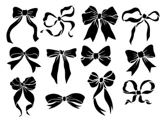 Black Monochrome decorative ribbon bows set. Holiday sign collection. Ribbon symbol, accessory logo, cut files. Vector outline illustrations isolated on transparent background