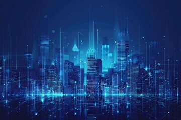 Fototapeta premium Smart city at night, digital network, glowing skyline, futuristic cityscape, tech illustration