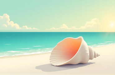solitary conch shell lies pristine white sand beach delicate curves contrasting tranquil teal sky golden