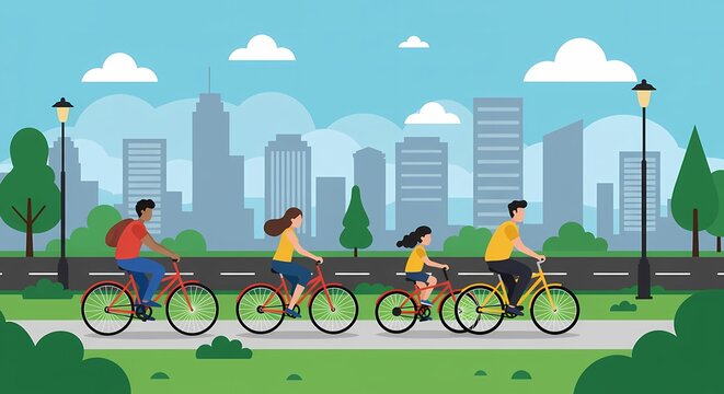 Four diverse people cycling on a paved path in a green urban park with a city skyline and blue sky in the background.