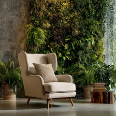Obraz premium A chair is sitting in front of a wall of plants