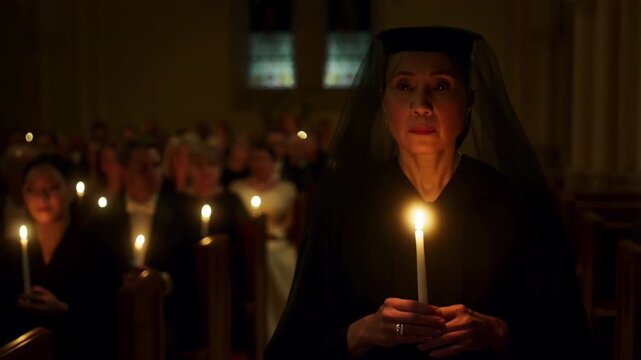 Nun holding candle in dark church with congregation