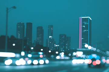 Obraz premium Blurred city lights and skyscrapers at dusk create a vibrant energetic urban atmosphere in this night scene