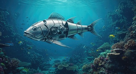 Fototapeta premium Advanced robotic fish navigates vibrant coral reef ecosystem, showcasing futuristic marine exploration and technological marvel in deep ocean