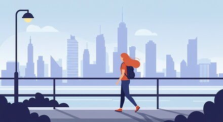 A woman walking along a waterfront promenade with a city skyline in the background, illustrated in a flat design style.