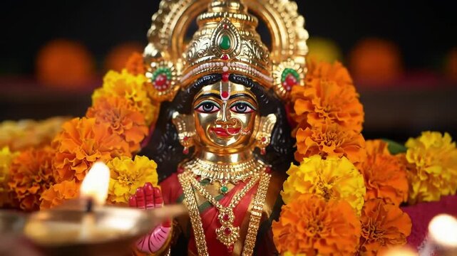 &ldquo;Goddess Lakshmi idol surrounded by marigold flowers, candles, and rangoli designs, hyper-realistic&rdquo;