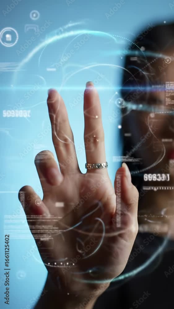 Poster elegant human hand tapping, swiping, pinching an invisible digital interface, generating luminous da