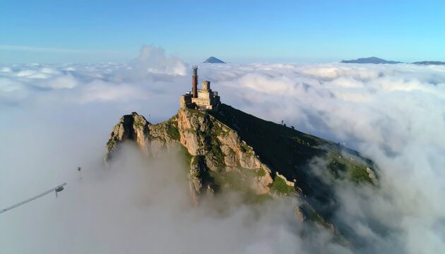 A floating steampunk fortress with spinning propellers, brass details, and smoke stac 
