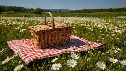 picnic basket in the flower field