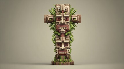 A voxel-style totem pole, exhibiting a cross-shaped design, features three carved faces with exaggerated features, adorned with vibrant green vines, and rests 