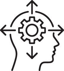 Conceptual outline of a human head with a gear inside symbolizing thought process and innovation