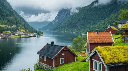 Fototapeta premium Nature in fjords. Rakssetra, Norway. Panoramic view. Traveling on a Norwegian fjord.