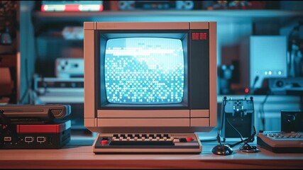 Retro computer setup with monochrome CRT display showing pixelated graphics and vintage keyboard in classic room