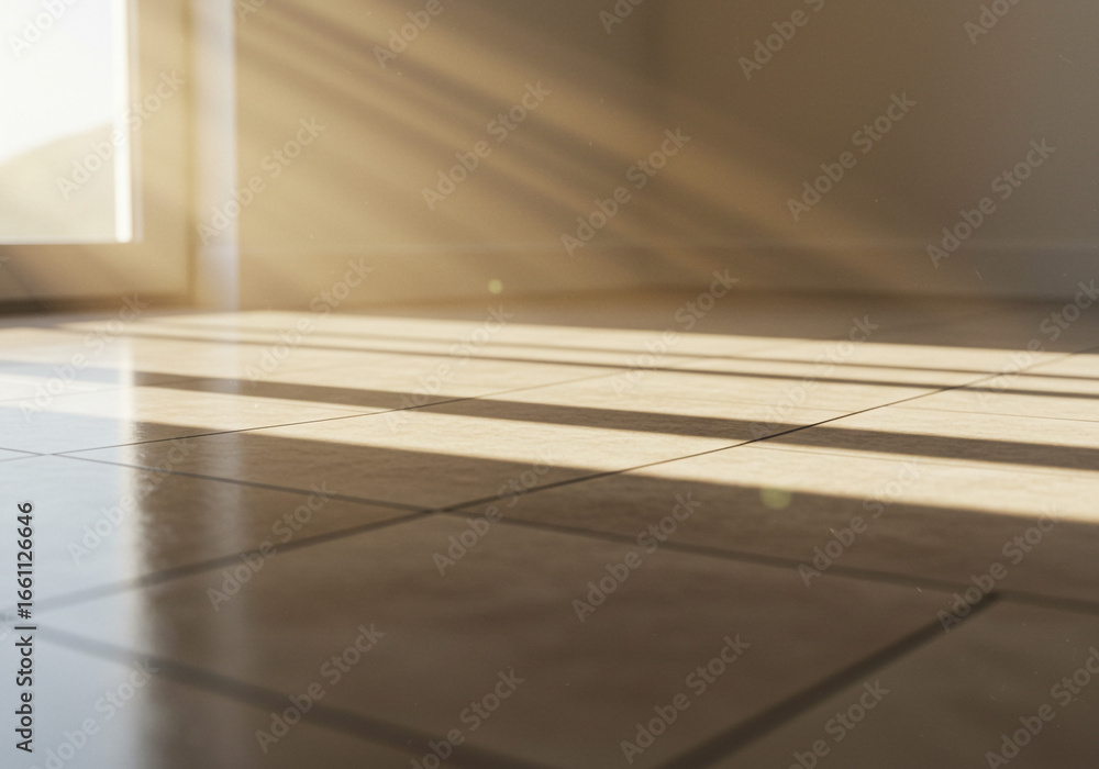 Aufkleber sunlight streaming through a window casting shadows on a tiled floor in a bright room