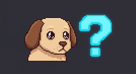 Pixel Art: Puzzled Puppy with Question Mark on Dark Background