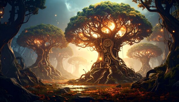 A mechanical forest where the trees are made of bronze and copper, glowing with inner