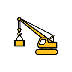 Yellow crane lifting a container. Vector illustration icon of construction machinery tool for building and industrial projects.