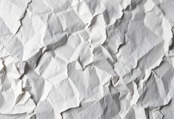Fototapeta premium Close-up of crumpled, textured paper surface showing fibers and creases, white, detail