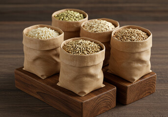 Assorted grains in small burlap bags on wooden blocks against a dark wooden background