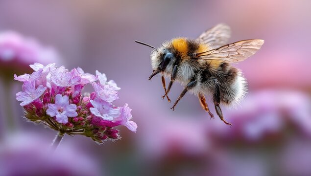 Honeybee hovering near purple flower