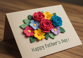 Close up of a handmade happy father's day card with colorful felt flowers on a wooden surface