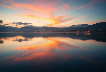 Naklejka premium Serene twilight reflecting on a glassy lake, stillness unbroken, blue, glassy